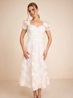 White Floral Embroidered Midi Dress with Puff Sleeves